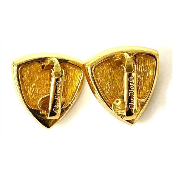 Vintage Christian Dior Pearl Clip On Earrings Rhinestone Gold Tone Triangle - Picture 9 of 12